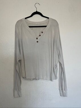 TALULAH Cream Ribbed Long-Sleeve Henley Top with Button Placket